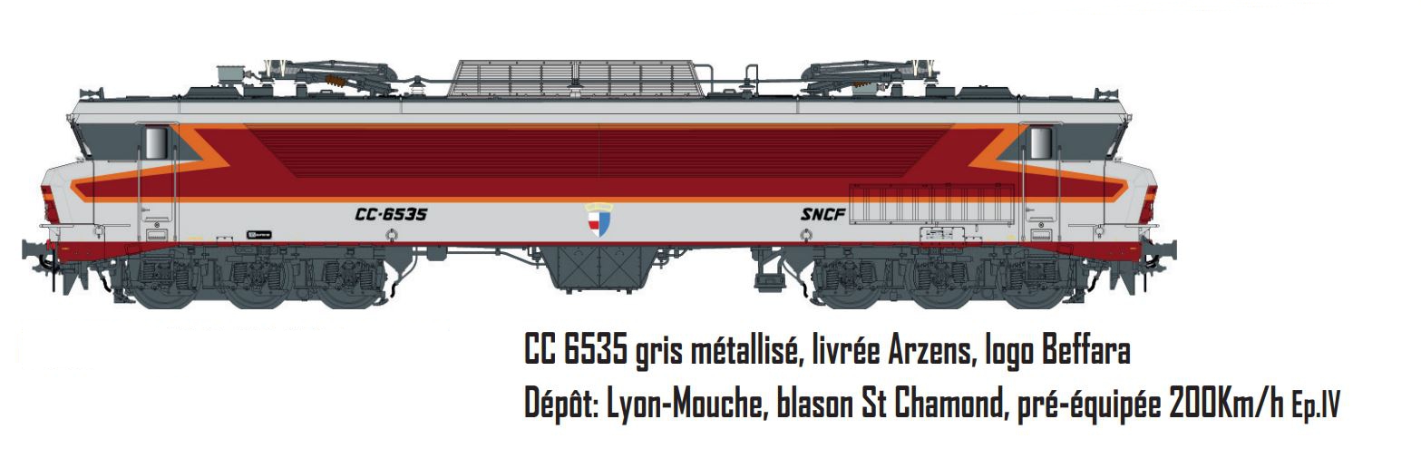 CC 6535 gris métallisé, livrée Arzens, logo Beffara Dépôt: Lyon-Mouche, blason St Chamond, pré-équipée 200Km/h Ep.IV