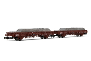 Coffret 2 wagons plate-forme à 2 essieux V SNCF chargé de traverses en béton (échelle N)