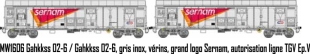Coffret de 2 wagons, Gahkkss 02-6 / Gahkkss 02-6, gris inox, vérins, grand logo Sernam, autorisation ligne TGV Ep.V