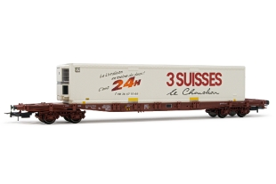 HJ6213 SNCF, wagon porte-conteneurs à 4 essieux Sgss avec caisse mobile « 3 Suisses », période V.