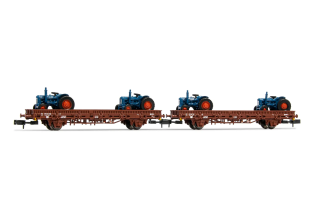Set de 2 wagons à plate-forme type PP FS chargés de 2 tracteurs bleus (échelle N)