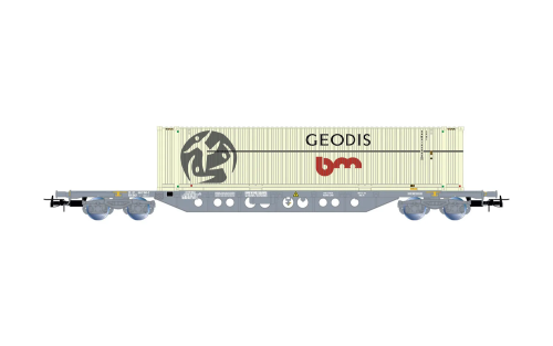 Wagon porte-conteneurs à 4 essieux Sgnss, chargé avec un conteneur de 45' « Geodis », ép. V