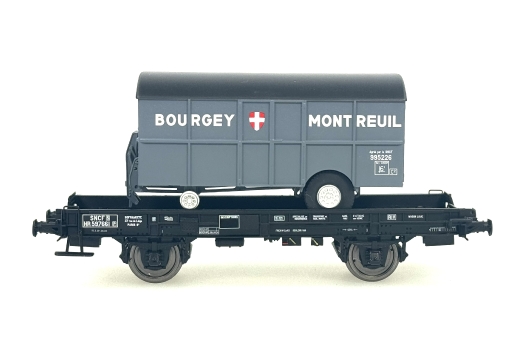 Wagon UFR monoporteur remorque tôlée Bourgey Montreuil SNCF ép. III