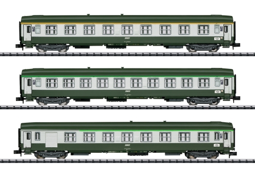 Set 3 voitures UIC bicolores vert / béton A9 + B10 + B7D SNCF ép. IV en N
