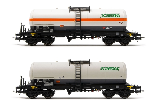 Set de 2 wagons-citernes à bogies Zags/Zas livrée blanche avec et sans bande orange «Sogetank»