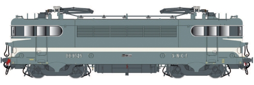 Locomotive électrique BB9525 SNCF vert bleu, large ligne blanche, moustaches peintes, plaques
