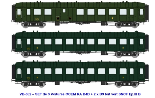 SET de 3 Voitures OCEM RA B4D + 2 x B9 toit vert SNCF Ep.III B