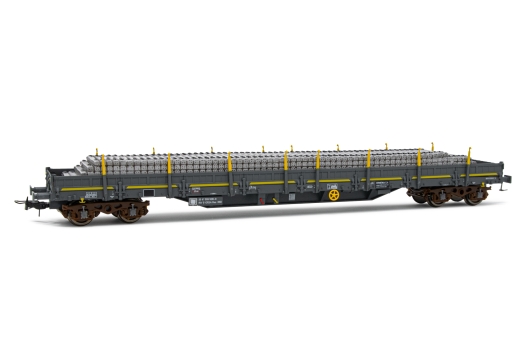 SNCF Infra, wagon piquet à 4 essieux Res, chargé de traverses en béton, période V.