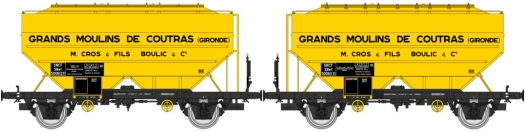Set de 2 wagons céréaliers « GRANDS MOULINS DE COUTRAS », jaunes châssis noir, EP. III