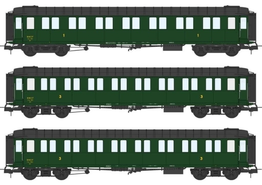 Set 3 voitures métallisées A7 + 2 x C8 vertes SNCF ép. IIIa