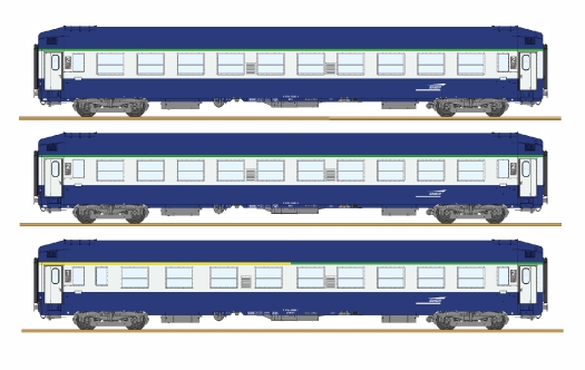 Set 3 voitures UIC couchettes bleues / gris béton toit haut 3 x B9c9 SNCF ép. V
