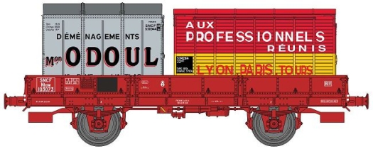 Wagon plat OCEM 29 rouge UIC + cadres Odoul et Aux Professionnels réunis SNCF ép. IIIb