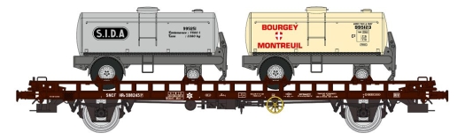 Wagon UFR biporteur + 2 remorques citernes S.I.D.A + Bourgey Montreuil SNCF ép. III