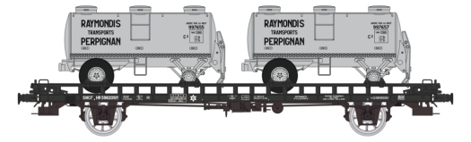 Wagon UFR Biporteur Ep.III + deux remorques citernes rondes RAYMONDI