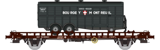 Wagon UFR biporteur + 1 remorque 2 essieux Bourgey Montreuil SNCF ép. III