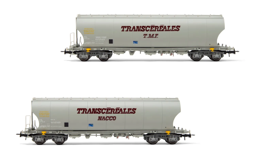 Coffret de 2 wagons trémies à bogies pour le transport de céréales vers l’Espagne Transcéréales Nacco et « TMF » ép. IV
