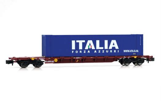 Wagon porte-conteneurs à bogies Sgnss FS livrée marron, chargé avec un conteneur de 45' Italia ép. VI (échelle N)