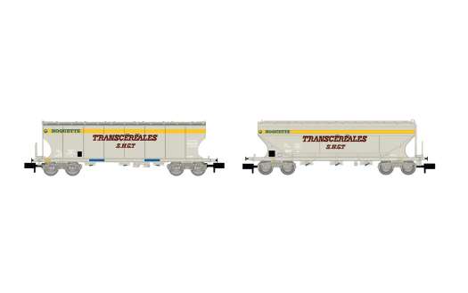 Coffret de 2 wagons trémies à bogies avec parois rondes et planes pour le transport de céréales livrée grise/jaune Transcéréales S.H.G.T. Roquetteép. IV (échelle N)