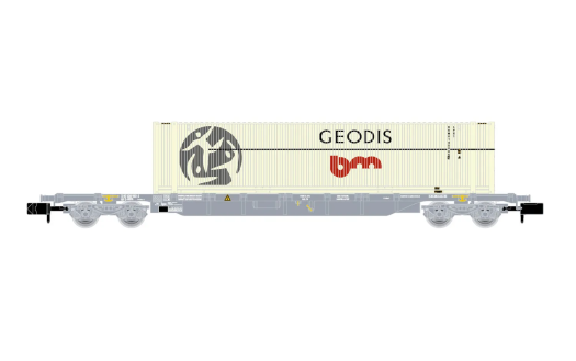 Wagon porte-conteneurs à bogies Sgss livrée grise chargé avec un conteneur de 45' Geodis SNCF/Novatrans ép. V (échelle N)